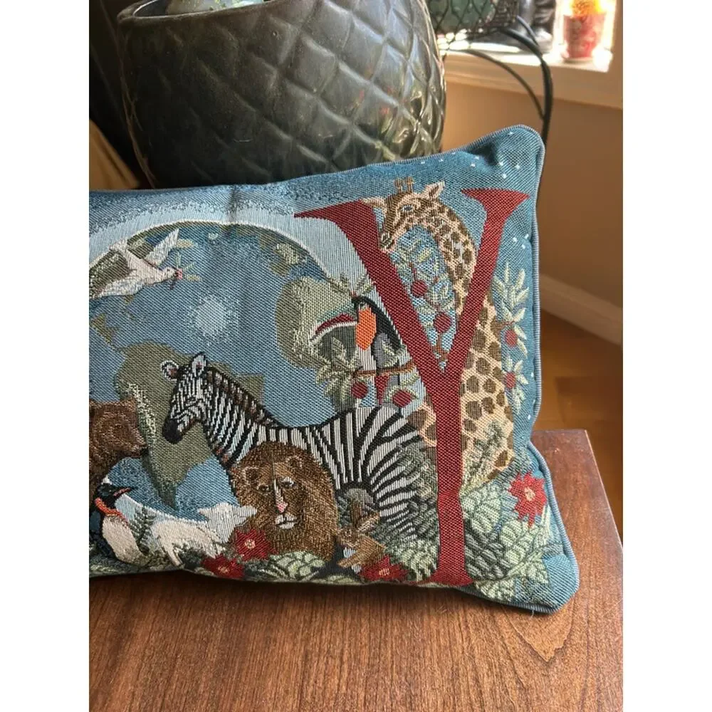 vintage JOY woven tapestry decorative throw pillow safari or Noah's Ark motif